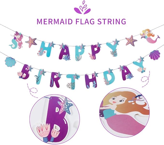 SUNBEAUTY Mermaid Happy Birthday Banner Little Mermaid Theme Birthday Decorations for Girls Ocean Theme Party Supplies for Baby Shower | Pre-Strung