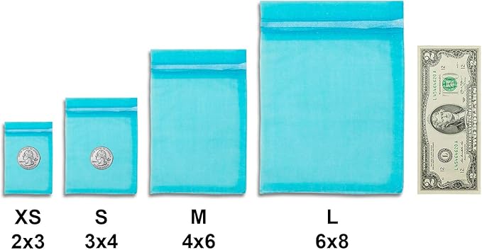 TheDisplayGuys 48-Pack 2" x 2-3/4" Turquoise Blue Sheer Organza Gift Bags with Drawstring, Jewelry Candy Treat Wedding Party Favors Mesh Pouch