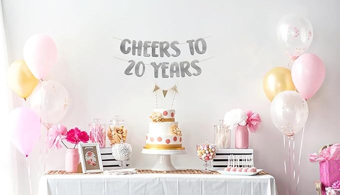 Cheers to 20 Years Silver Glitter Banner - 20th Anniversary and Birthday Party Decorations