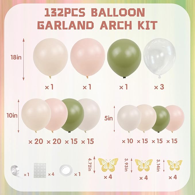 132Pcs Retro light pink and Green Balloon Arch Garland Kit, Sage Green, Pastel Orange, Sand White Balloons for Baby Shower Wedding Bridal Birthday Gender Reveal Party Decorations