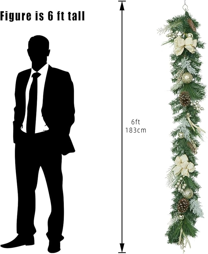GarveeHome Christmas Garland with Lights for Mantle 6 ft, Lighted Outdoor Xmas Garland with 20 Battery Operated LED Gold Balls Pine Cones Antlers for Fireplace Front Door Stair Railing Window Decor