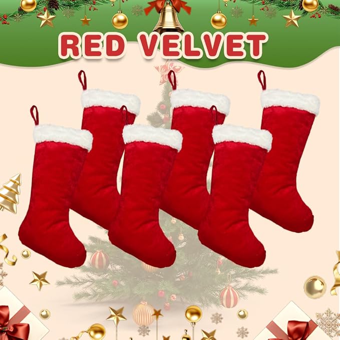 6 Pieces Large Christmas Stockings 20Inch Traditional Soft Classic Red Plush Xmas Stocking for Family Holiday Decorations Xmas Tree Fireplace Mantel Décor Merry Christmas(Red-Velvet-Large)