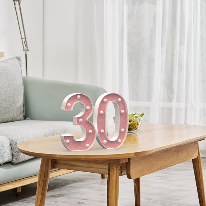 Marquee Light up Numbers 0-9, Battery Powered LED Light, Pink Glitter Plastic for 30th Birthday Decorations, Graduation Engagement Wedding Decor (Number 30)