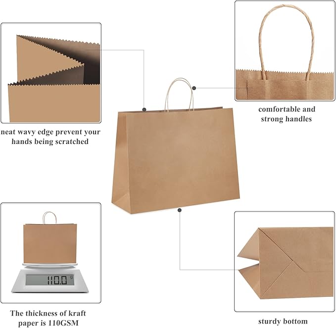 GSSUSA 16x6x12 Brown Paper Bags with Handles 25 Pcs, kraft Paper Shopping Bag for Small Business, Large Paper Bags Valentine's Gift Bag with Handles for Boutique, Food Service Take Out