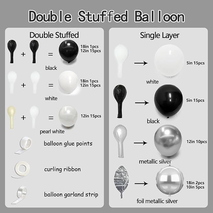 Black White Balloon Garland Arch Double Stuffed Pearl White Black Silver Balloons Different Size Balloons Set for Christmas New Year Birthday Anniversary Wedding Halloween Party Decorations