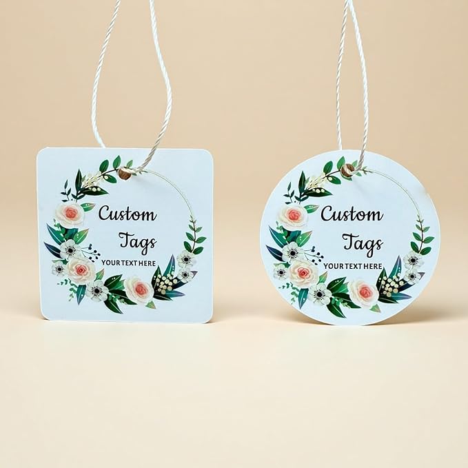 Personalized Gift Tags, Square Round Paper Thank You Tag for Wedding Baptism Birthday Favors, Custom Hang Tags with Your Text and String (Design3)