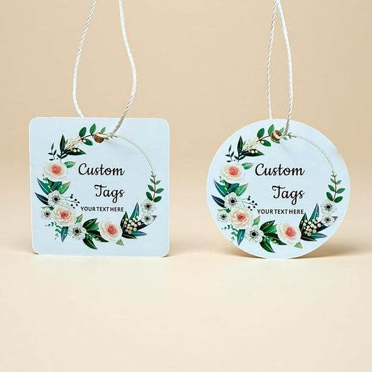 Personalized Gift Tags, Square Round Paper Thank You Tag for Wedding Baptism Birthday Favors, Custom Hang Tags with Your Text and String (Design3)