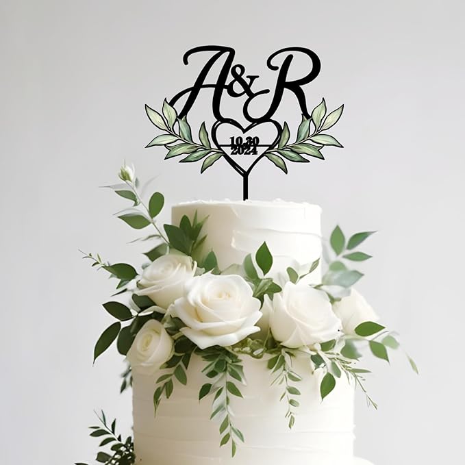 Personalized Wedding Cake Topper with Custom Bride & Groom's Initials and Date Wedding Cake Decoration UV-Printed Heart and Green Leaves Design