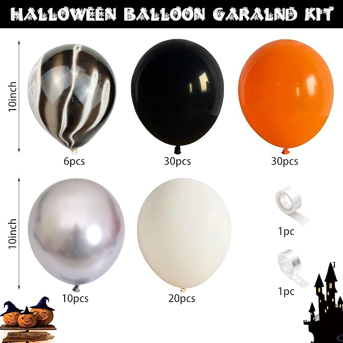 Black Orange and Silver Balloon Garland Arch Kit, Black Orange White Metallic Silver with Agate Balloon Arch Kit for Kids Halloween Theme Birthday Graduation Party Decorations Supplies