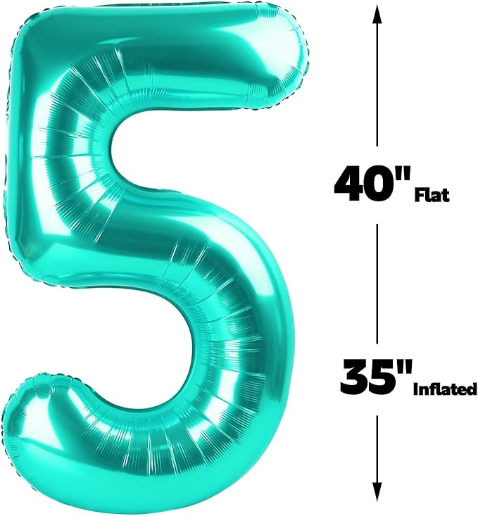 Large Teal Blue 40 Inch Birthday Number 5 Balloon, Teal Blue Five 5th 15 25 35 50 55 Birthday Anniversary Celebration Decorations, Foil Mylar Helium Numbers 5 Balloons Girl Boy Party Supplies