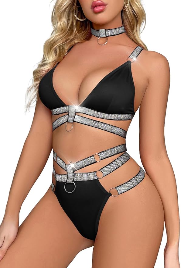 Lilosy Sexy Wireless Choker O Ring Linked Strappy Harness Lingerie Set Outfits 3 Piece