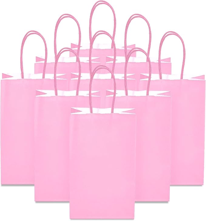 DjinnGlory 100 Pack Small Sized Pink Paper Gift Bags with Handles Bulk for Small Business, Boutiques, Baby Showers, Party Favors & Care Packages, 9x5.5x3.15 Inch