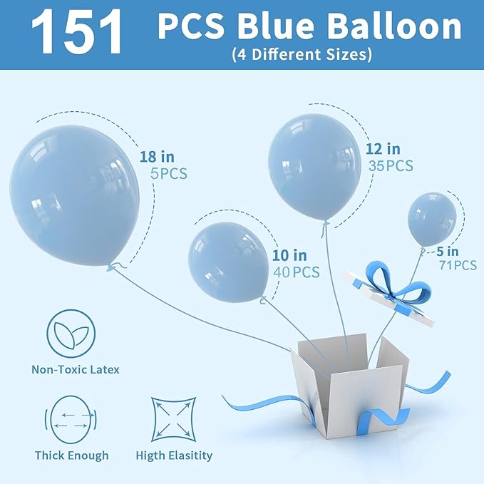 Labeol 151PCS Light Blue Balloons 18/12/10/5 Inch Blue Balloons Party Latex Balloons Garland Balloon Arch for Birthday Baby Shower Wedding Bachelorette Anniversary Halloween Decorations