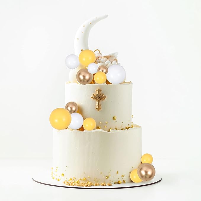 Gyufise 30Pcs Balls Cake Topper Mini Balloons Cupcake Topper DIY Cake Insert Topper Foam Cake Balls Baking Decoration for Wedding Anniversary Valentines Day Birthday Party Yellow Gold White