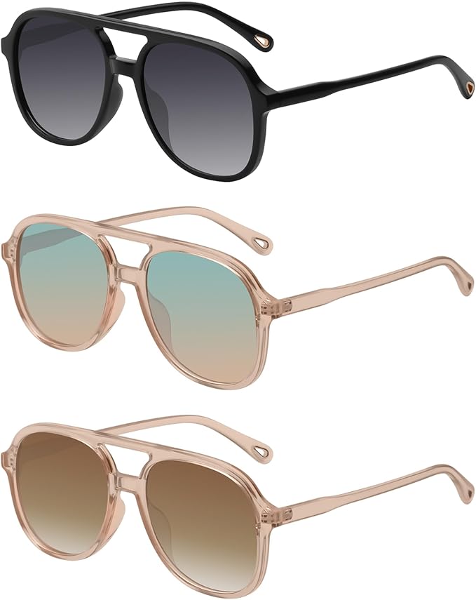 YDAOWKN Retro Square Aviator Sunglasses for Womens Mens Vintage 70s Double Bridge Sun Glasses