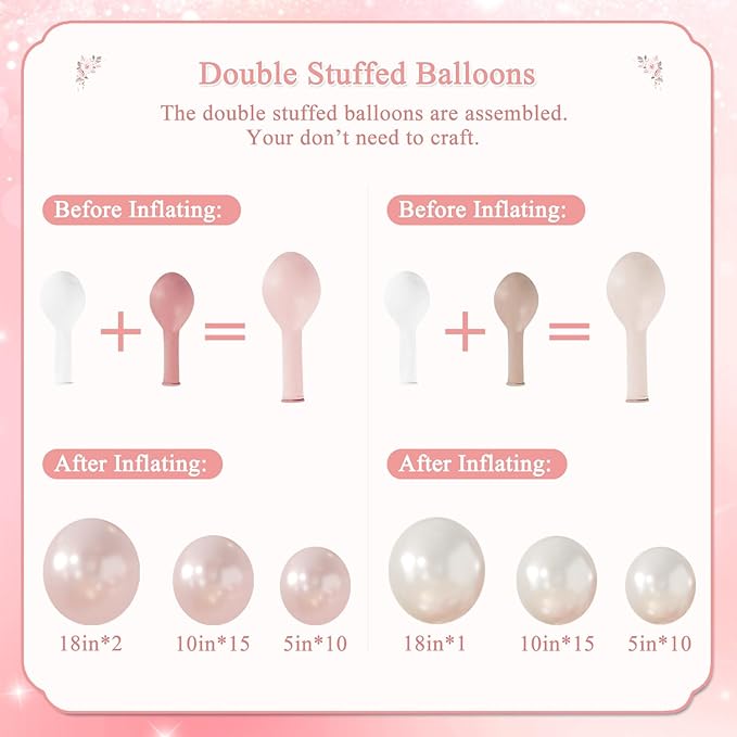 Dusty Pink Blush Balloon Arch Kit 108Pcs Double Stuffed Pearl pink White Balloons Pink Rose Blush Clear Balloons for Baby Shower Bridal Shower Wedding Birthday Party Decorations