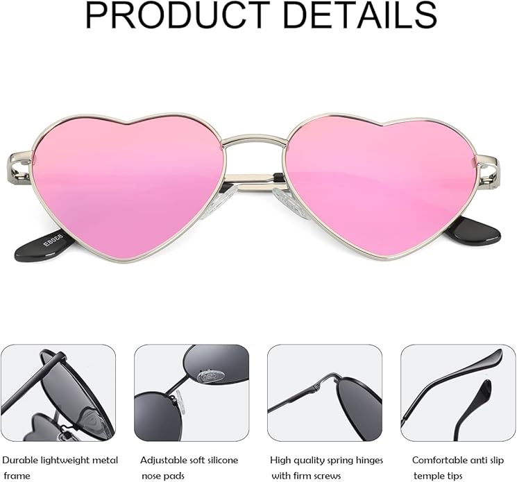 JOVAKIT Polarized Heart Sunglasses for Women Fashion Lovely Style Metal Frame UV400 Protection Lens