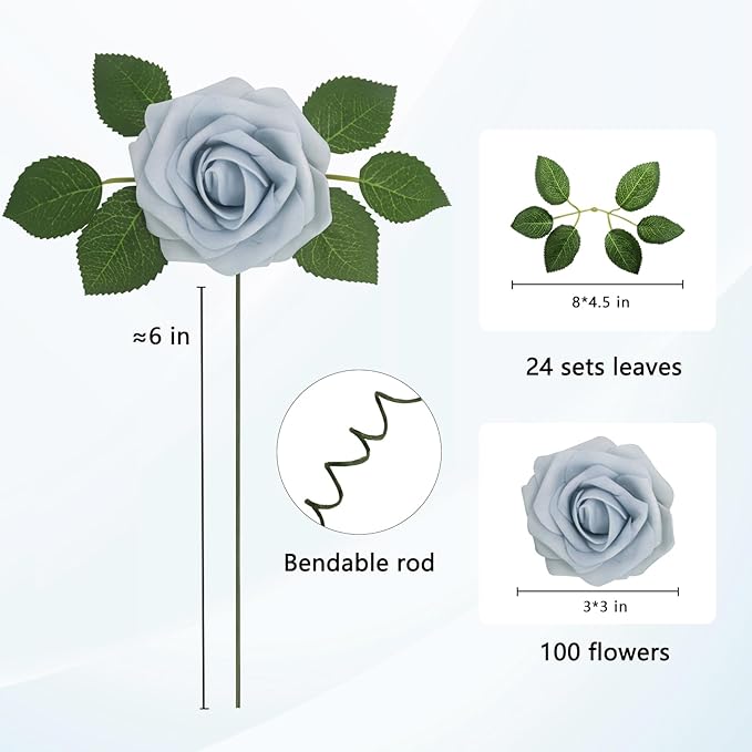 100Pcs Powder Blue Artificial Flowers Realistic Roses, Real Looking Fake Roses with Stem for DIY Wedding Bouquets Centerpieces Bridal Shower Party Home Romantic Decorations (Powder Blue, 100pcs)