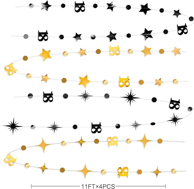 Black Gold 18th Birthday Decorations Number 18 Circle Dot Twinkle Star Garland Streamer Banner Backdrop for Girls Boys Happy 18th Birthday Time to Adult Cheers to 18 Years Old Anniversary Party Deocr