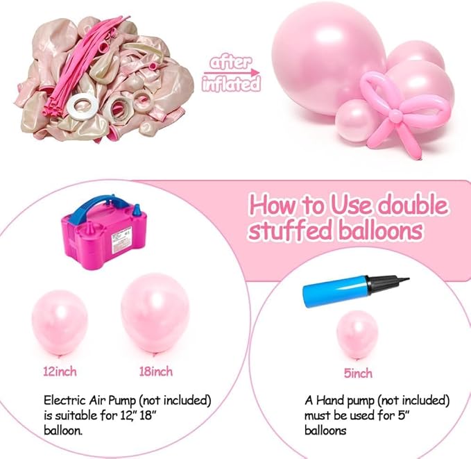Pearl Pink Balloon Double Stuffed Pearl Balloons Garland Hot Baby Pink Arch Kit with Long Balloons Different Size for Birthday Wedding Girl Baby Shower Anniversary Decoration