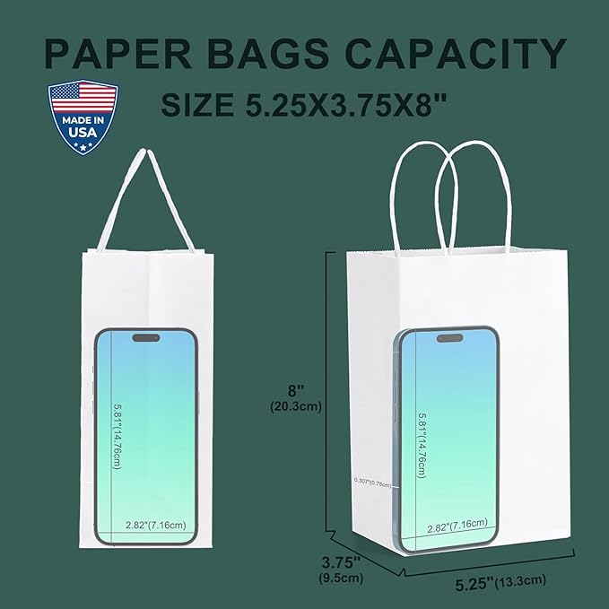 METRONIC Gift Bags 5.25x3.75x8 100Pcs, White Paper Bags with Handles, Kraft Paper Bag for Small Business, Paper Bag for Birthday Party Favors, Shopping