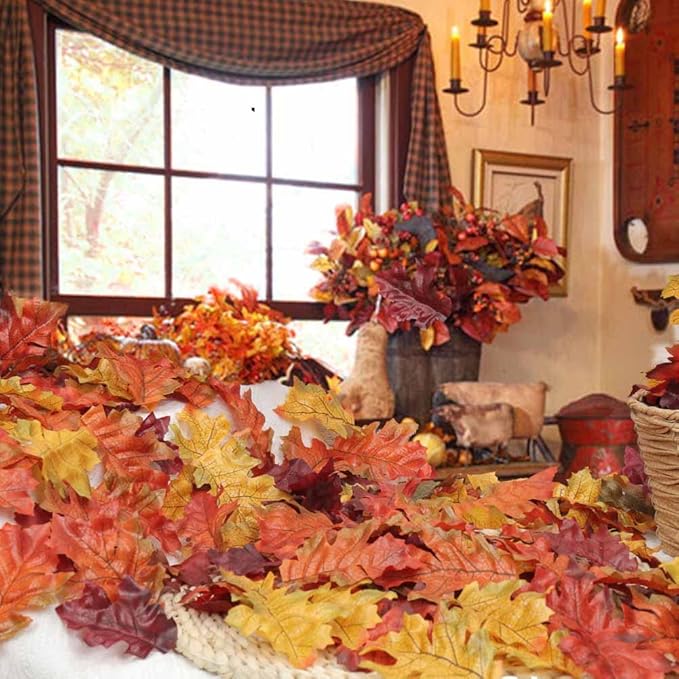 500PCS Artificial Autumn Oak Fall Leaves Cloth Assorted Mixed Autumn Maple Leaf Art Scrapbooking Decor for Thanksgiving Wedding Party Events Indoor Outdoor Wreath Decoration (5 Colors and 2 Sizes)
