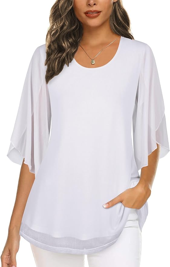 Ninedaily Women's Tops 3/4 Sleeve Blouses Dressy Casual Double Layers Mesh Tunic Shirts