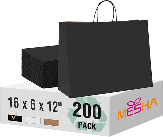 MESHA Gift Paper Bags 200 Pack 16X6X12 Black Large Shopping Kraft Bags Bulk with Handles Reusable for Business,Grocery,Birthday,Wedding,Kids Party,Favors