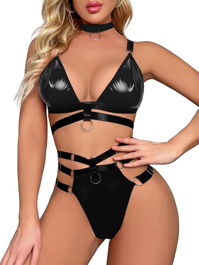 Lilosy Sexy Wireless Choker O Ring Linked Strappy Harness Lingerie Set Outfits 3 Piece