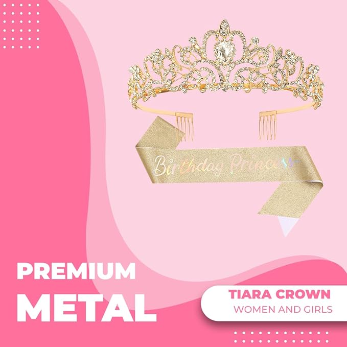 Birthday Crown Tiara with sash for Women, Headband Hair Accessories for Birthday Party