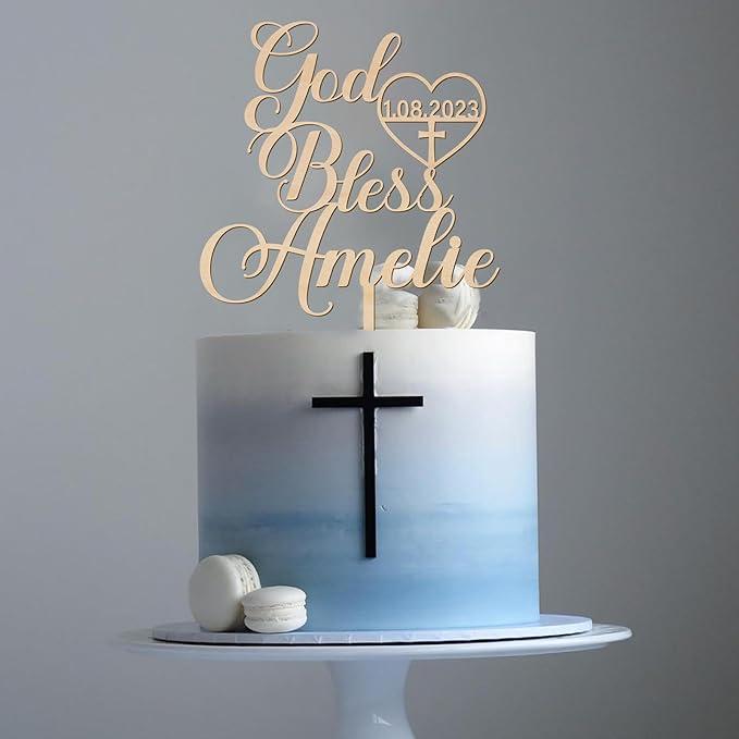 Personalized God Bless Cake Topper in Wood - Custom Baptism Cake Topper for Girl or Boy (Style-3)