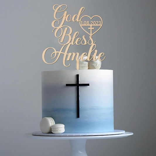 Personalized God Bless Cake Topper in Wood - Custom Baptism Cake Topper for Girl or Boy (Style-3)