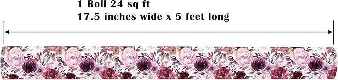 ZINTBIAL Floral Wrapping Paper Roll - Purple Rose Design, 17 Inches x 16.5 Feet, Gift Wrap for Wedding, Bridal Shower, Birthday, Mother's Day,Anniversary, Cut Lines on Back