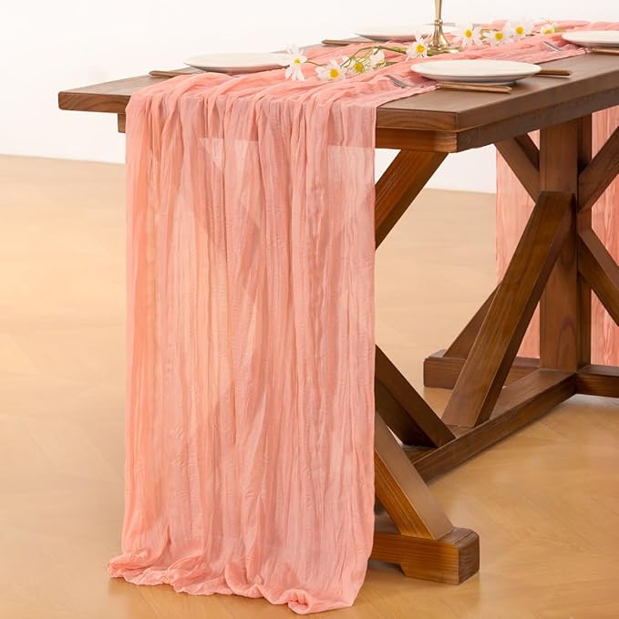 Socomi Coral Peach Fall Thanksgiving Cheesecloth Table Runner Boho Rustic Gauze 120 inch 10FT Cheese Cloth Runner for Wedding Party Baby Shower Birthday Home Decor Holiday Decorations