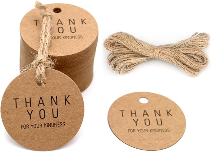 G2PLUS Thank You Tags, 100PCS Thank You for Your Kindness Tags, 1.8 in Round Kraft Paper Gift Tag with String for Gift Wrapping, DIY Arts & Crafts, Wedding Party Favors