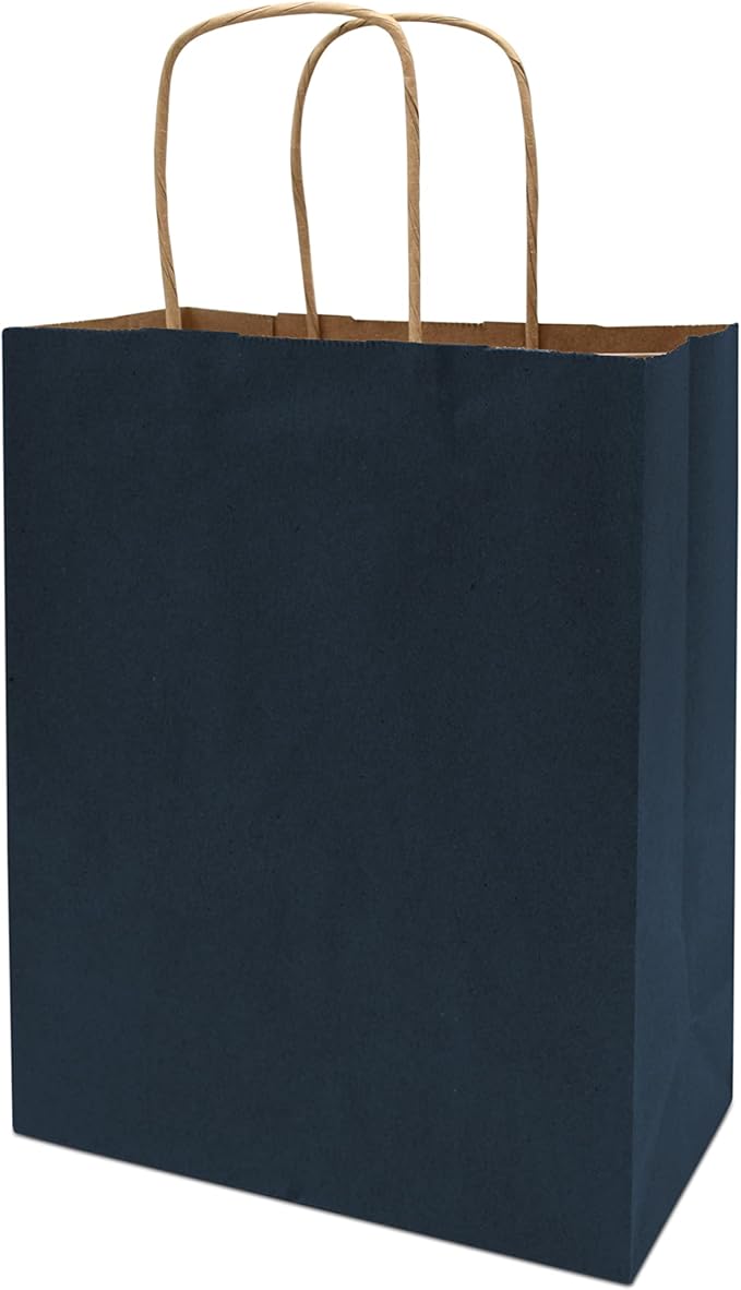 Prime Line Packaging Paper Gift Bags, Navy Blue Gift Bags, Small with Handles, Shopping Bags for Business, Goodies, Party Favor, Welcome, Graduation, Bulk, 8x4x10, 50 Pack
