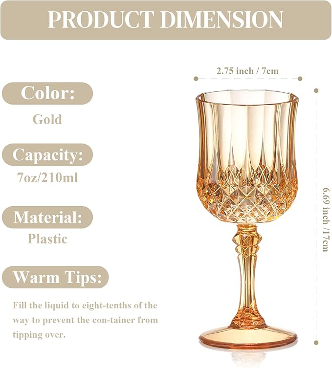 XUWAIDSGN 16 Pcs 7oz Plastic Vintage Wine Glasses Drinking Glasses Unbreakable Wedding Glassware Crystal Water Goblets Reusable Drinkware Vintage Champagne Flutes (16, Amber)