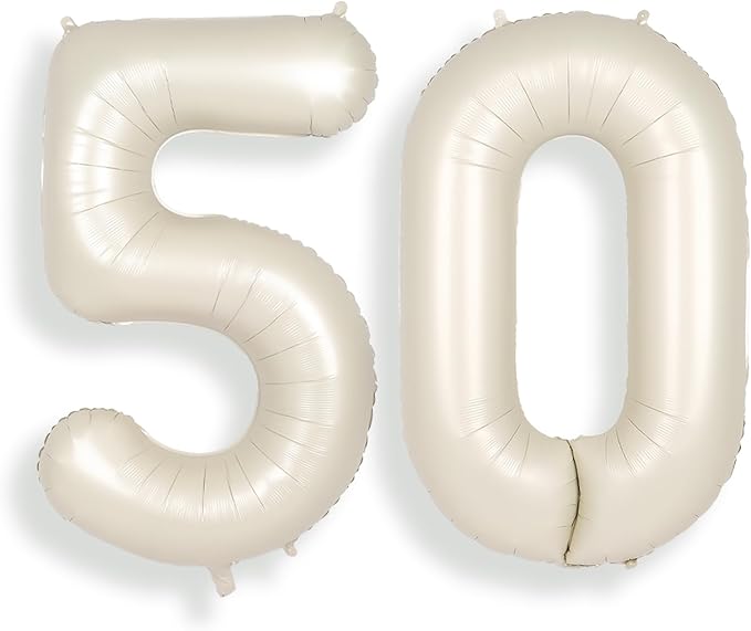 SUWEN 40 Inch Large Cream White 50 Balloon Numbers Big Foil Helium Number Balloons 0-9 Jumbo Happy 50th Mylar Birthday Party Decorations for Women or Men Anniversary Party Supplies