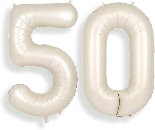 SUWEN 40 Inch Large Cream White 50 Balloon Numbers Big Foil Helium Number Balloons 0-9 Jumbo Happy 50th Mylar Birthday Party Decorations for Women or Men Anniversary Party Supplies
