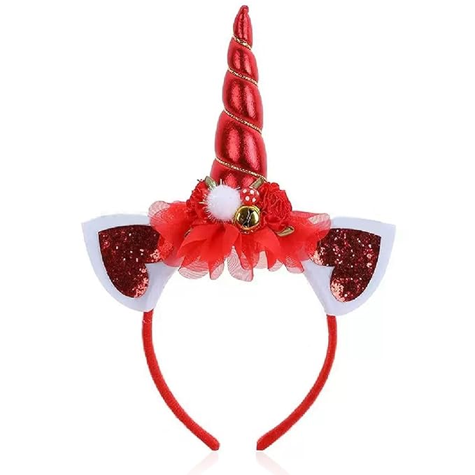 Christmas Unicorn Headband for Women - Festive Red Glitter Unicorn Ear Hairband, Cute Holiday Party Headwear for Xmas, New Year, Costume, Photo Props, Family Accessories