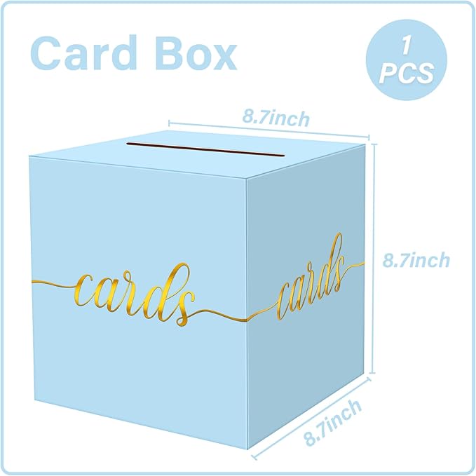1 Pack Light Blue and Gold Foil Card Box for Party, 8.7" Light Blue Money Box for Birthday, Wedding, Baby Shower, Retirement, Anniversary, Bridal Shower, Raffle Ticket