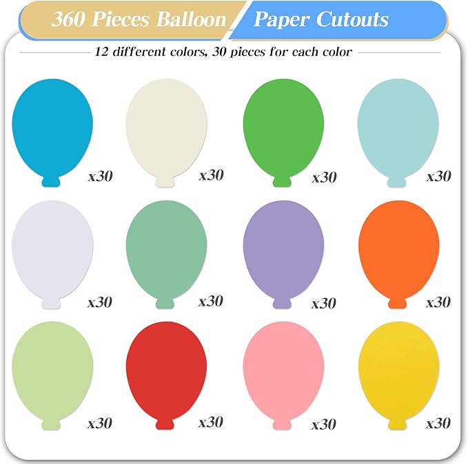 360 Pcs Balloons Paper Balloon Cutouts 3.9 Inch Assorted Colors Die-Cut Hot-Air Balloon Shapes for Classroom Bulletin Boards, DIY Crafts, Party & Office Decoration