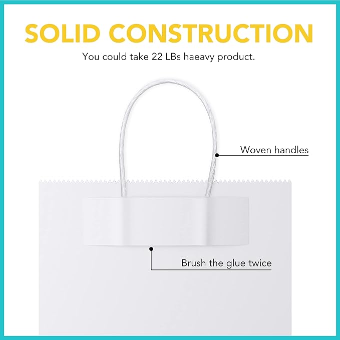 GSSUSA 16x6x12 100Pcs White Gift Bags with Handles,Paper Gift Bags?White Large Paper Bag with Handles, 100% Recyclable Shopping Kraft Paper Bags for Small Business, Party Favor