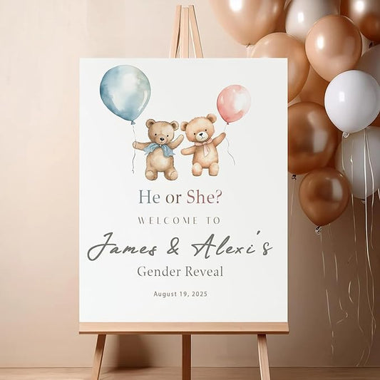 Gender Reveal Welcome Sign – Teddy Bear Balloon Theme,Personalized Teddy Bear Gender Reveal Welcome Sign, He or She Yard Sign, Boy or Girl Gender Reveal Sign, We Can Bearly Wait Gender Reveal .5