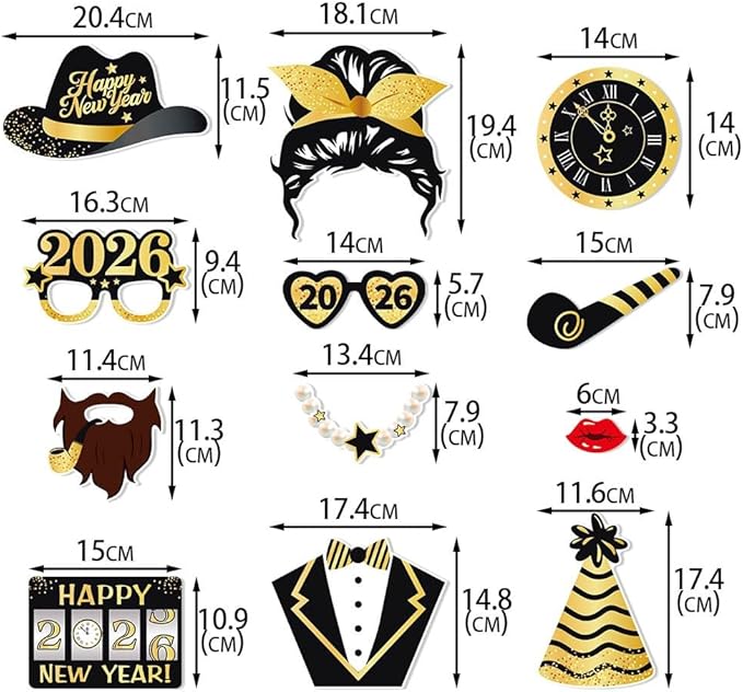 30 PCS New Year Photo Booth Props 2026 New Year Eve Photo Booth Props 2026 Happy New Year Decorations New Year’s Eve Party Supplies Favors for Pictures