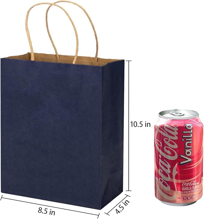 MOZRRO Gift Bags, 100 Pack 10.5x8.5x4.5 Inch, Paper Bags with Handles, Medium Size, Gentleman Blue Gift Bag for Birthday, Wedding, Bulk, Party, Lunch, Goodie