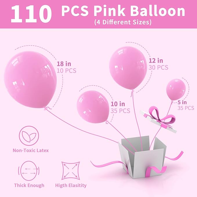 Labeol 151 pcs Pink Balloons Different Sizes Pack of 18 Inch 12 Inch 10 Inch 5 Inch Baby Pink Balloons for Birthday Baby Shower Wedding Anniversary Party Decorations