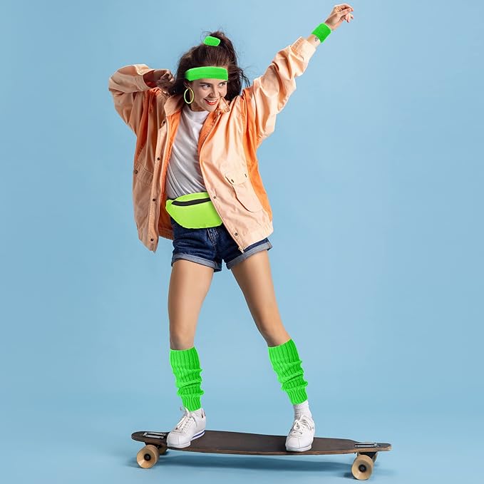80s Women Neon Leg Warmers Headband Wristbands Earrings Hair Rings Fanny Pack Set Knit 80s Women Neon Accessories (Green)