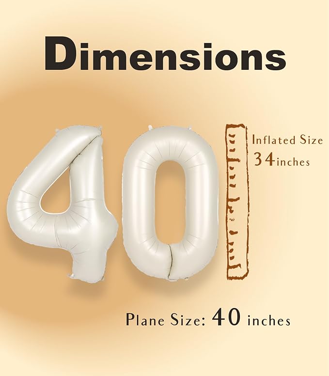 SUWEN 40 Inch Large Cream White 40 Balloon Numbers Big Foil Helium Number Balloons 0-9 Jumbo Happy 40th Mylar Birthday Party Decorations for Women or Men Anniversary Party Supplies