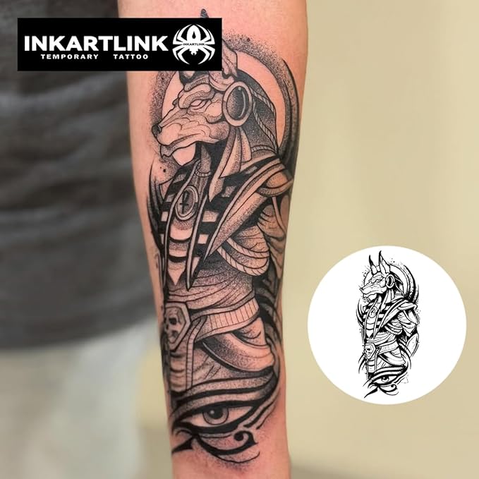 INKARTLINK Tattoo Tech, 2 Sheets Large Semi Permanent Tattoo, Adult Art Design Temporary Tattoos, Lasts 1-2 Weeks, Waterproof, Realistic Look, No Adhesive, No Reflection (Anubis Design)